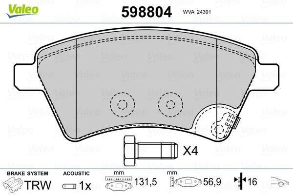 Valeo 598804 Bremsbelagsatz, Scheibenbremse