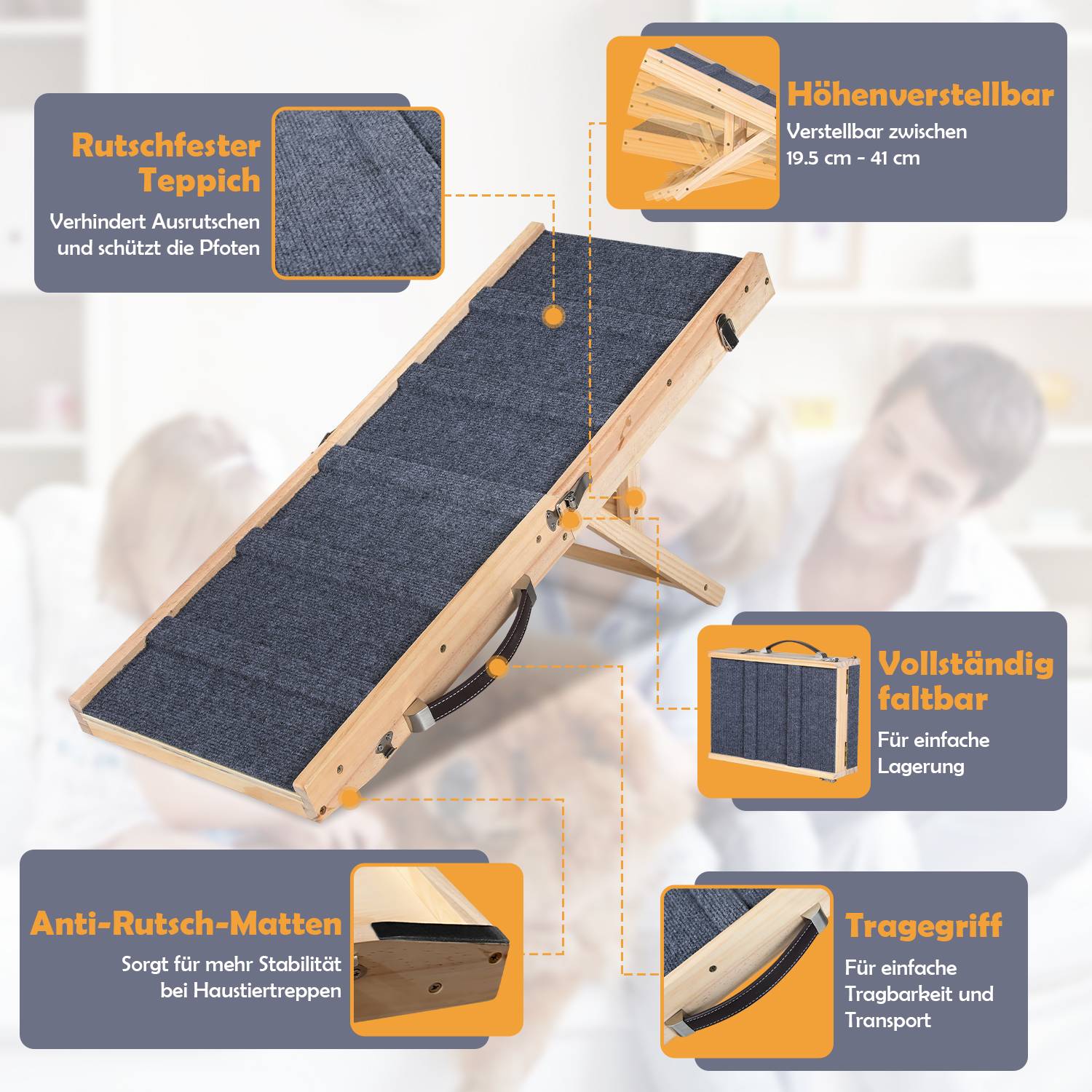 Hunderampe Klappbar aus Holz, Haustierrampe 4 Stufen Verstellbar 19,5 cm bis 41 cm, Tierrampe mit Rutschfester 5 Pfoten-Traktionsmatte