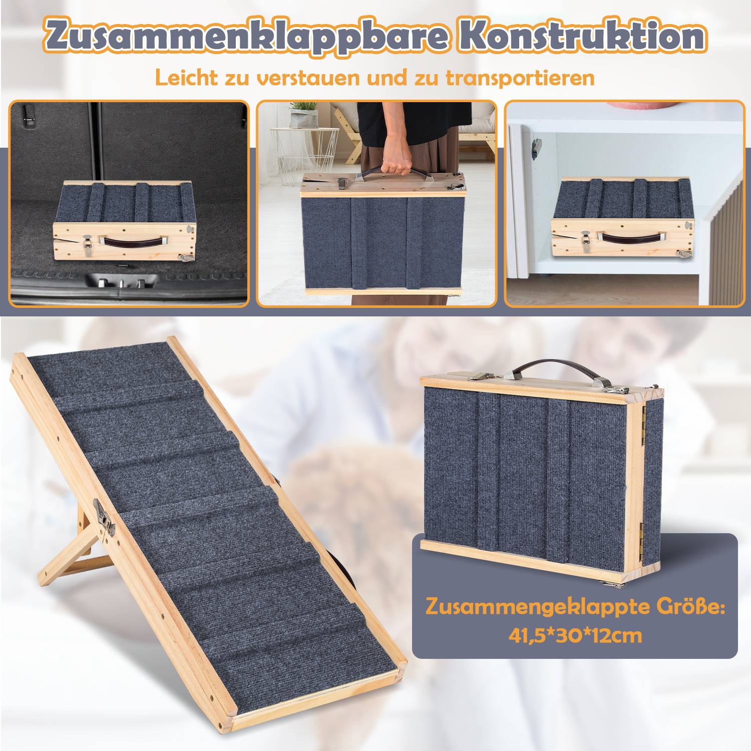 Hunderampe Klappbar aus Holz, Haustierrampe 4 Stufen Verstellbar 19,5 cm bis 41 cm, Tierrampe mit Rutschfester 5 Pfoten-Traktionsmatte