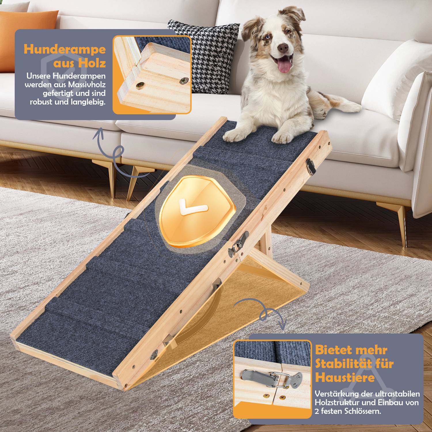Hunderampe Klappbar aus Holz, Haustierrampe 4 Stufen Verstellbar 19,5 cm bis 41 cm, Tierrampe mit Rutschfester 5 Pfoten-Traktionsmatte