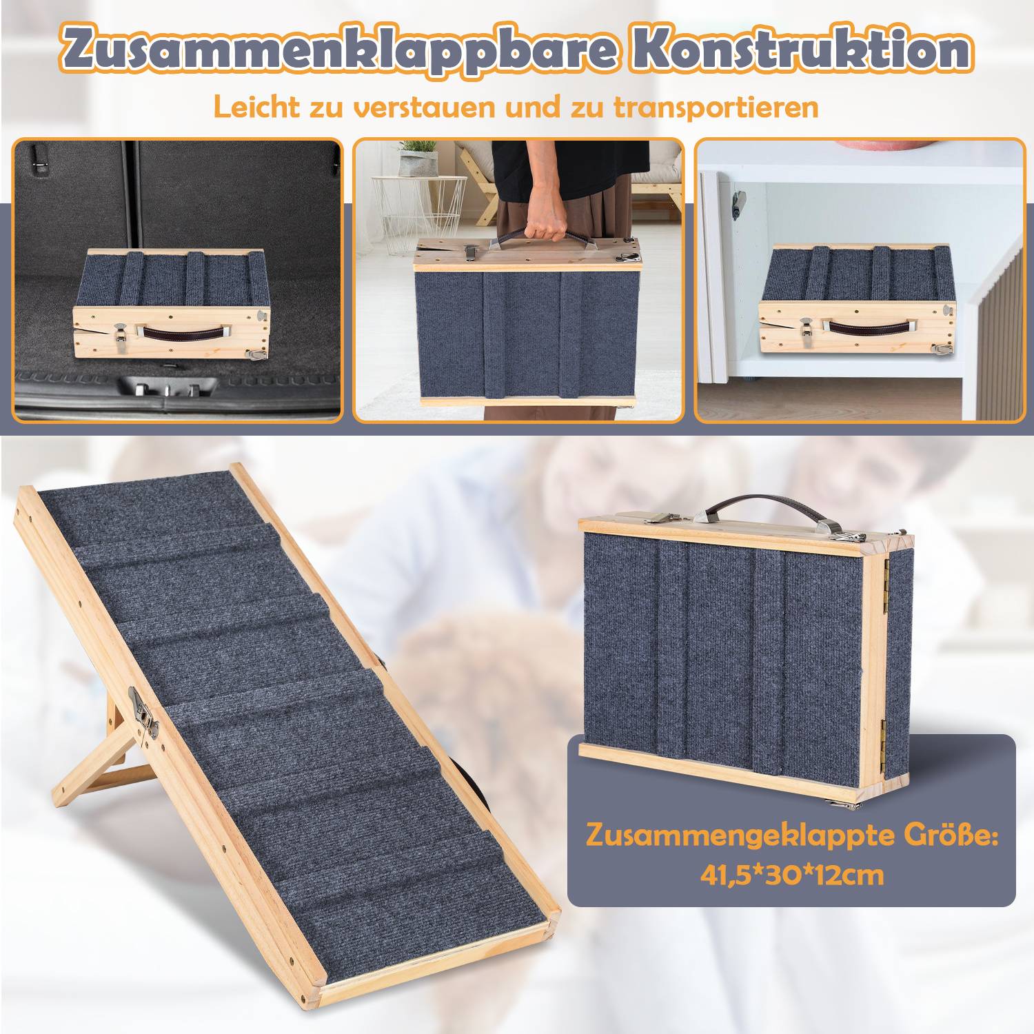 Zusammenklappbare Rampe/Treppe aus Holz und dunklem Stoff, dargestellt im zusammengeklappt Zustand und mit Griff tragbar; die kompakte Faltgröße beträgt 41,5×30×12 cm für einfache Lagerung und Transport.