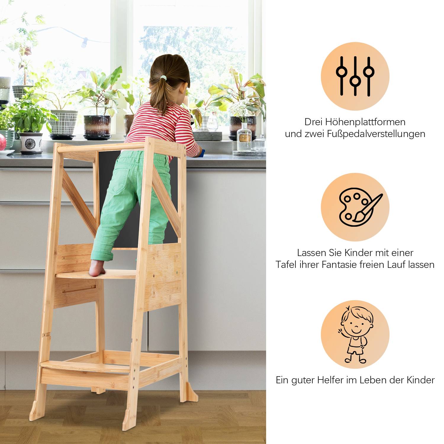 Lernturm Kinder, 2-in-1 Montessori-Trittschemel, 2 Höhenverstellungen, Belastbarkeit 70 kg (Original Holzfarbe)