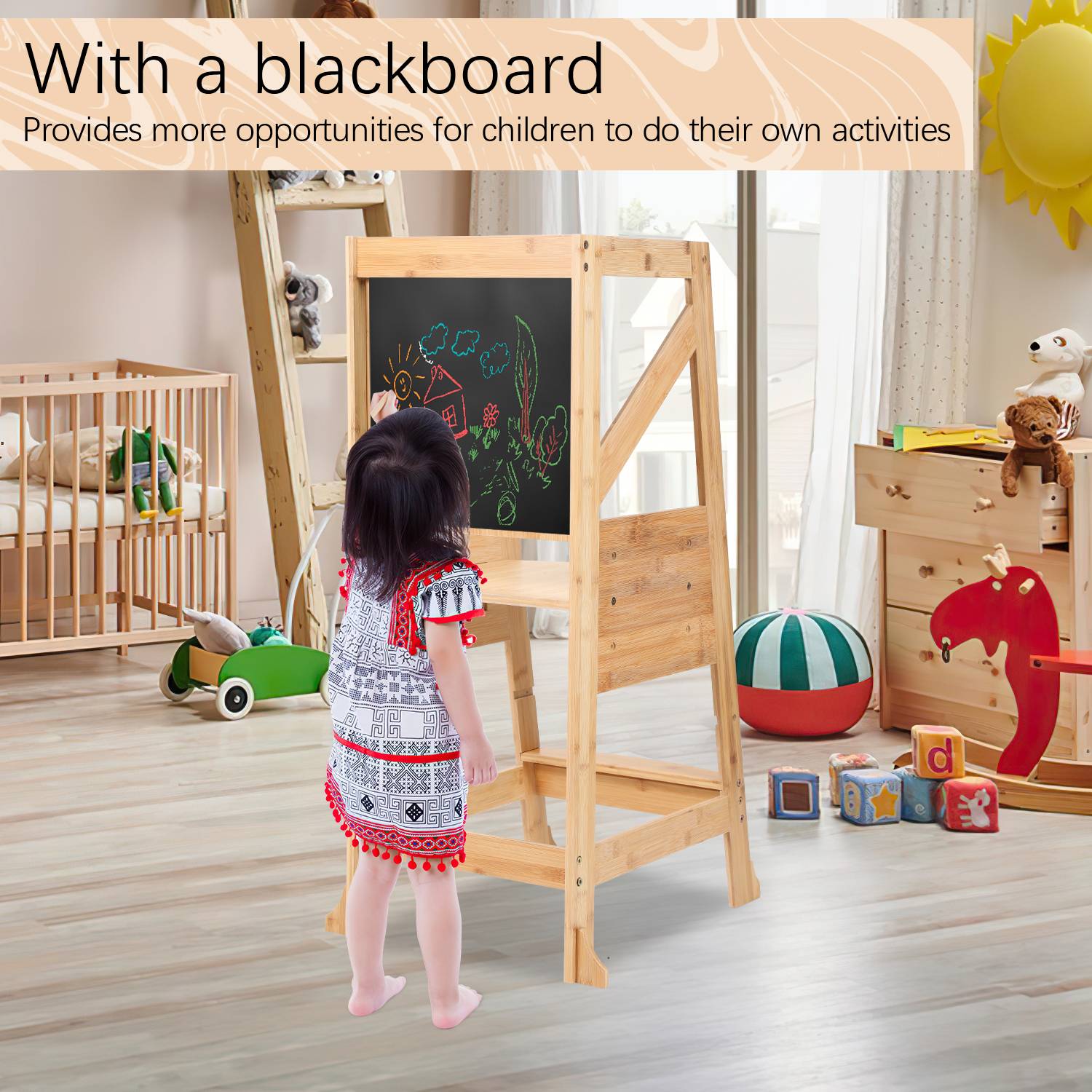 Lernturm Kinder, 2-in-1 Montessori-Trittschemel, 2 Höhenverstellungen, Belastbarkeit 70 kg (Original Holzfarbe)