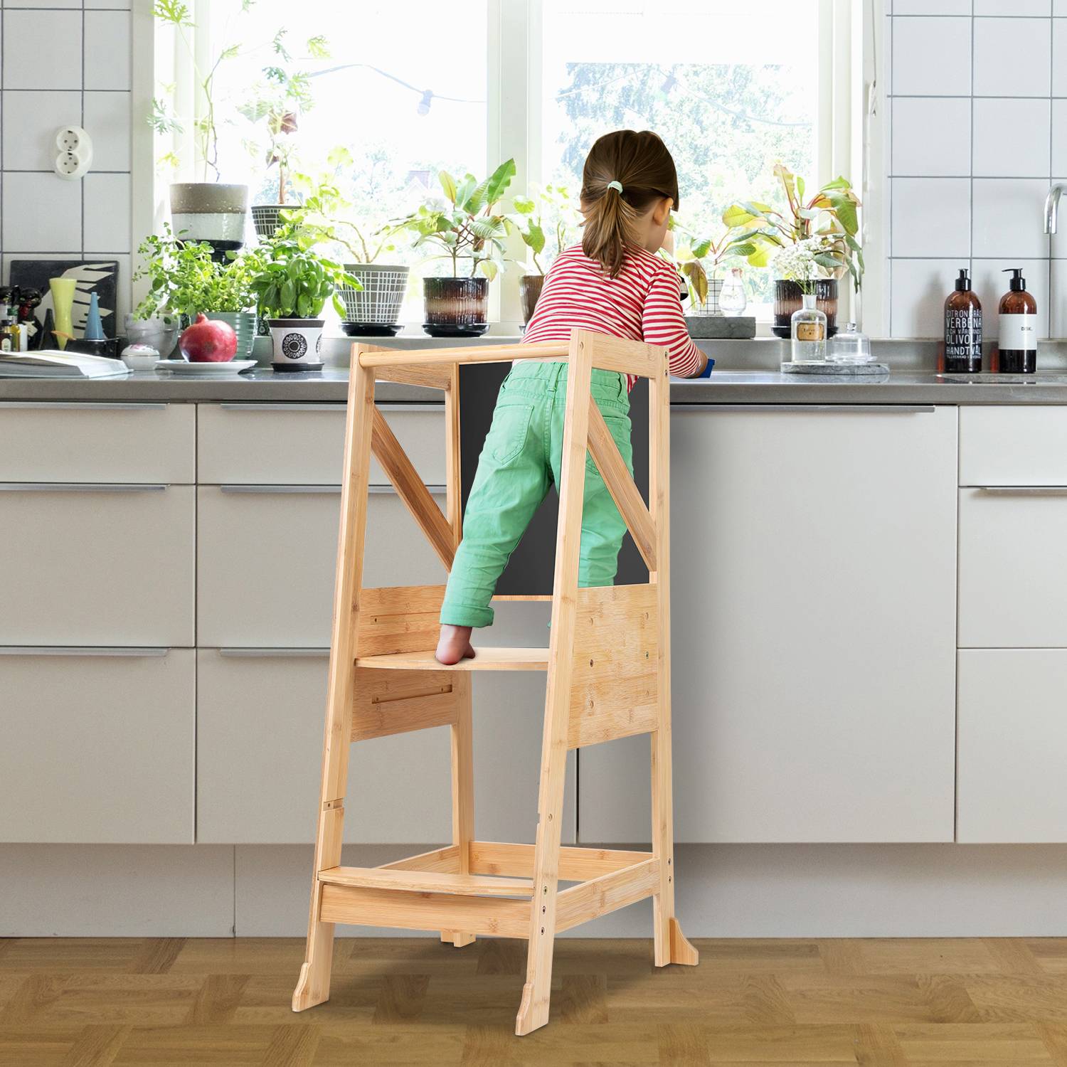 Lernturm Kinder, 2-in-1 Montessori-Trittschemel, 2 Höhenverstellungen, Belastbarkeit 70 kg (Original Holzfarbe)