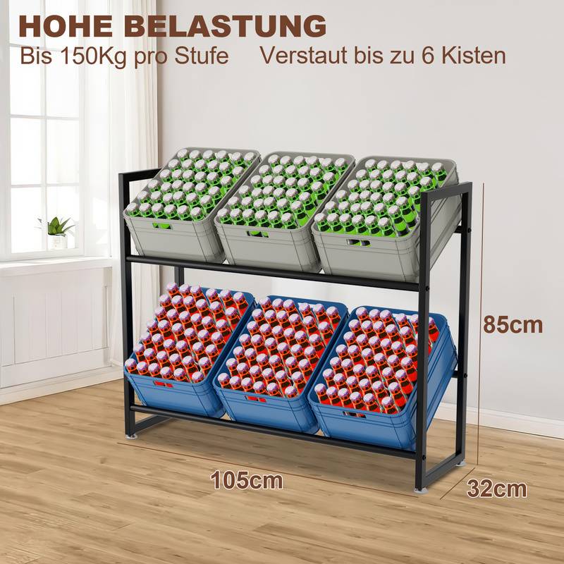 Getränkekistenregal für 6 Kisten 105x32x85cm Getränkekistenständer Schwarz für Küche Wohnbereich