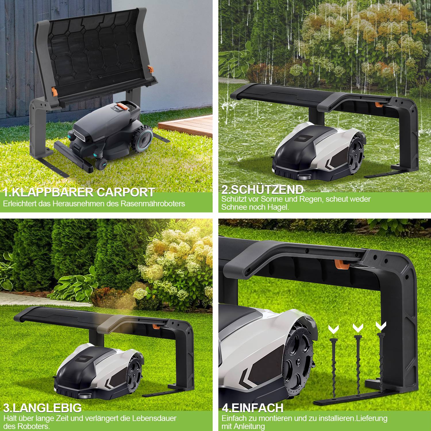 Rasenmäher Garage für Mähroboter Klappbare Überdachung 72x56x36 cm Schwarz Grau Dach Schwarzer Stahlrahmen Metall Pulverbeschichtet