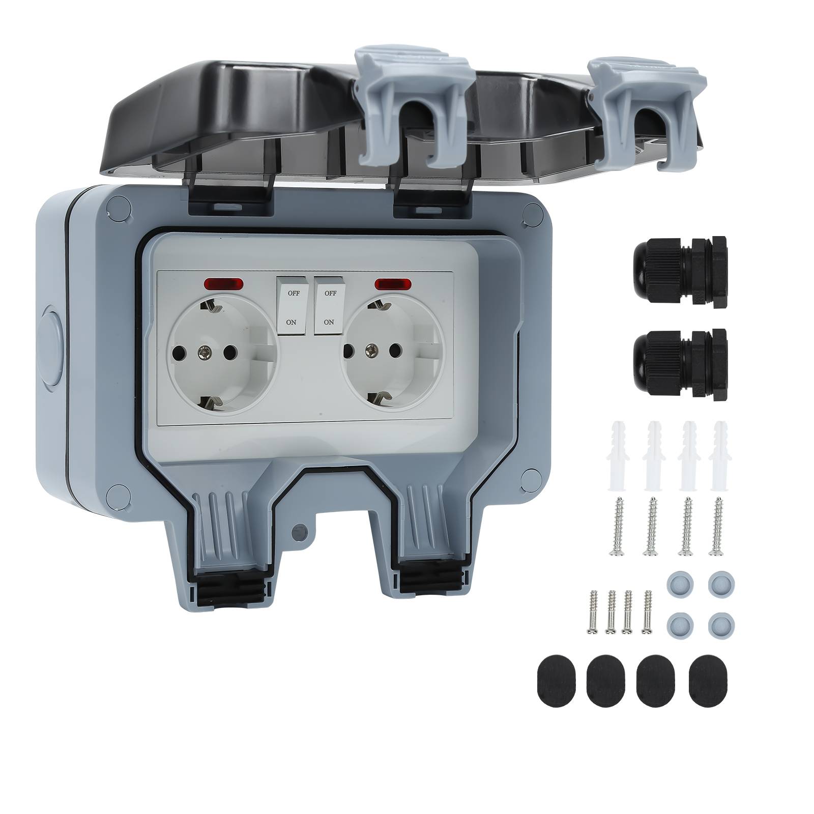 Außensteckdose Gartensteckdose Outdoor Steckdose IP66 16A Wasserdicht Staubdicht Wandsteckdose 2 Loch mit Schalter