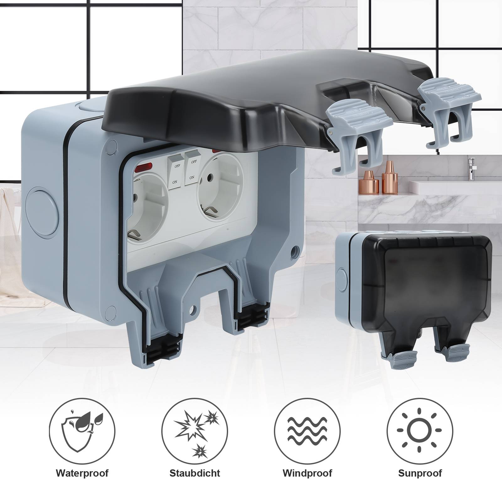 3X Außensteckdose Gartensteckdose Outdoor Steckdose IP66 16A Wasserdicht Staubdicht Wandsteckdose 2 Loch mit Schalter