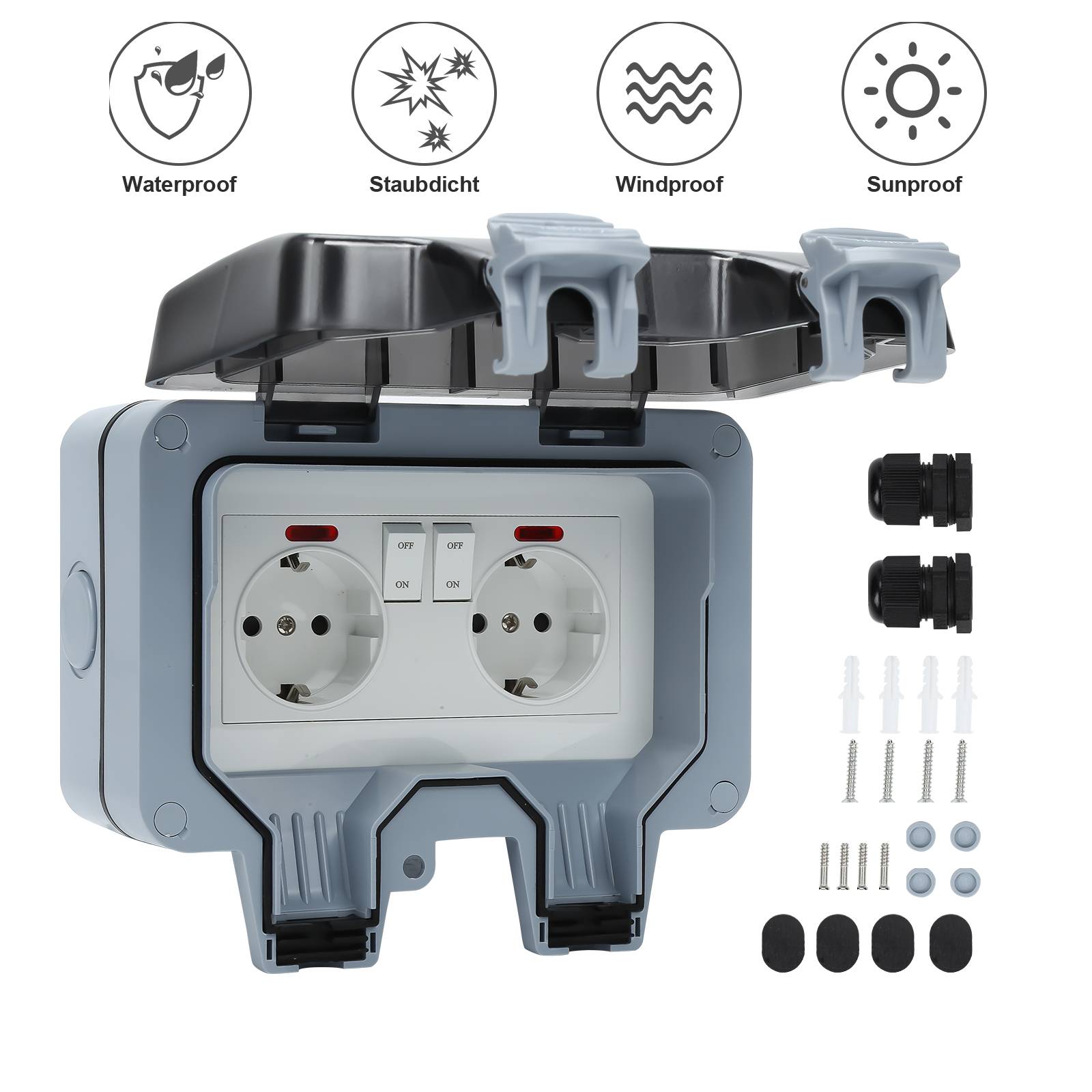 4X Außensteckdose Gartensteckdose Outdoor Steckdose IP66 16A Wasserdicht Staubdicht Wandsteckdose 2 Loch mit Schalter