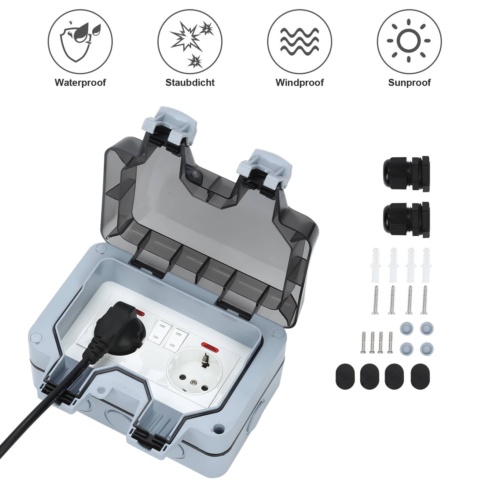 5X Außensteckdose Gartensteckdose Outdoor Steckdose IP66 16A Wasserdicht Staubdicht Wandsteckdose 2 Loch mit Schalter