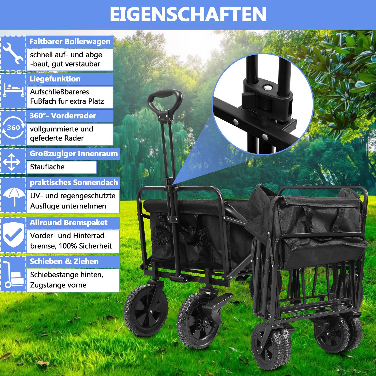 Bollerwagen faltbar Handwagen Outdoor Transportwagen Vorderrad mit Bremsen Schwarz