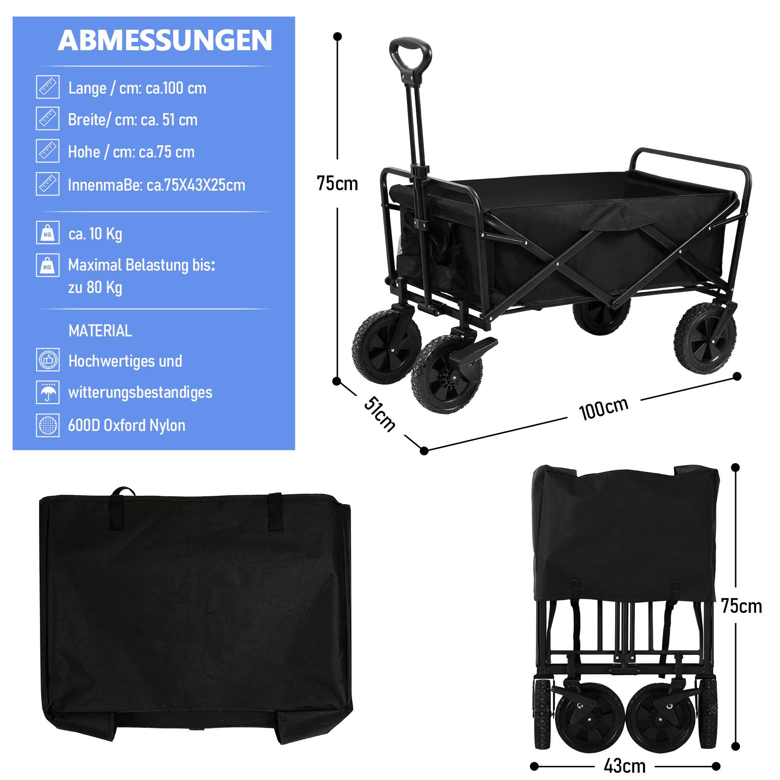 Bollerwagen faltbar Handwagen Outdoor Transportwagen Vorderrad mit Bremsen Schwarz