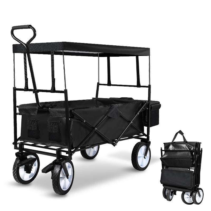 Bollerwagen mit Dach Schwarz faltbar Handwagen Klappbar Gartenwagen Transportwagen