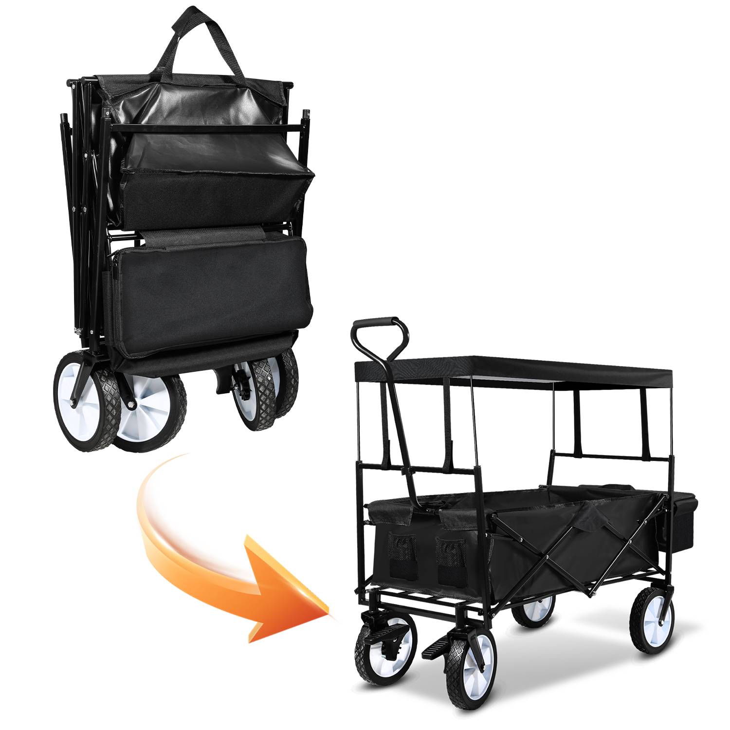 Bollerwagen mit Dach Schwarz faltbar Handwagen Klappbar Gartenwagen Transportwagen