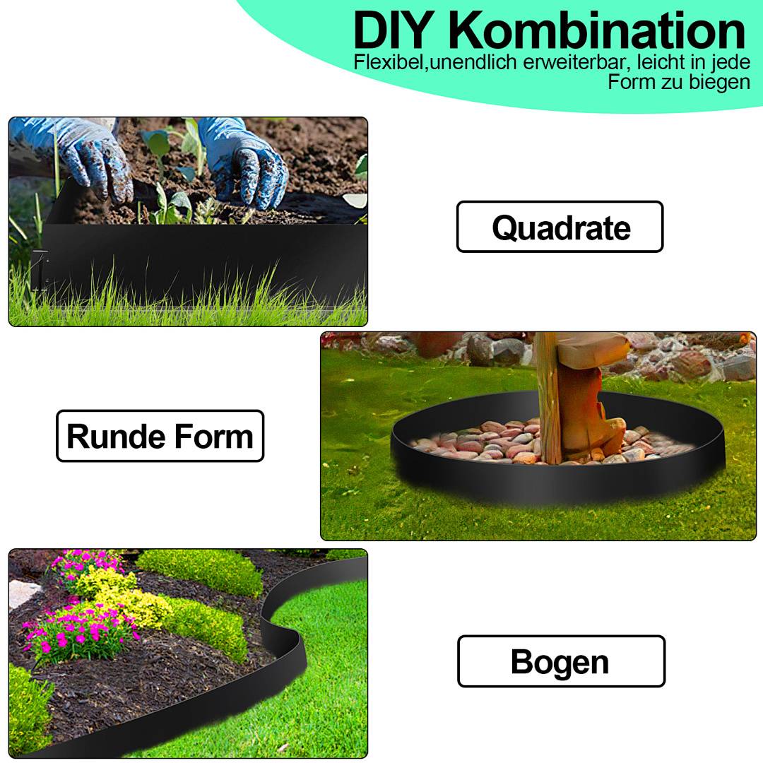 Werbegrafik für "DIY Kombination"" zeigt flexible Garteneinfassung in quadratischen, runden und geschwungenen Formen in einem Garten.