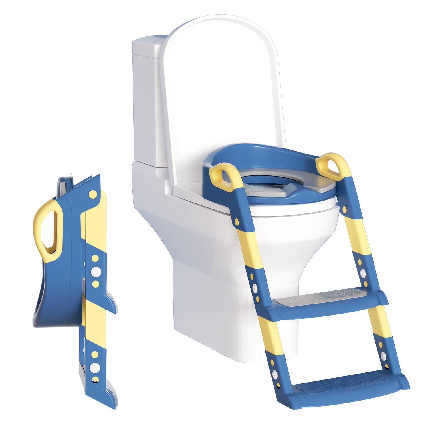 Höhenverstellbarer Toilettentrainer Toilettensitz mit Treppe Kinder-Töpfchen WC Sitz mit Spritzschutz und Griffen, klappbar Blau