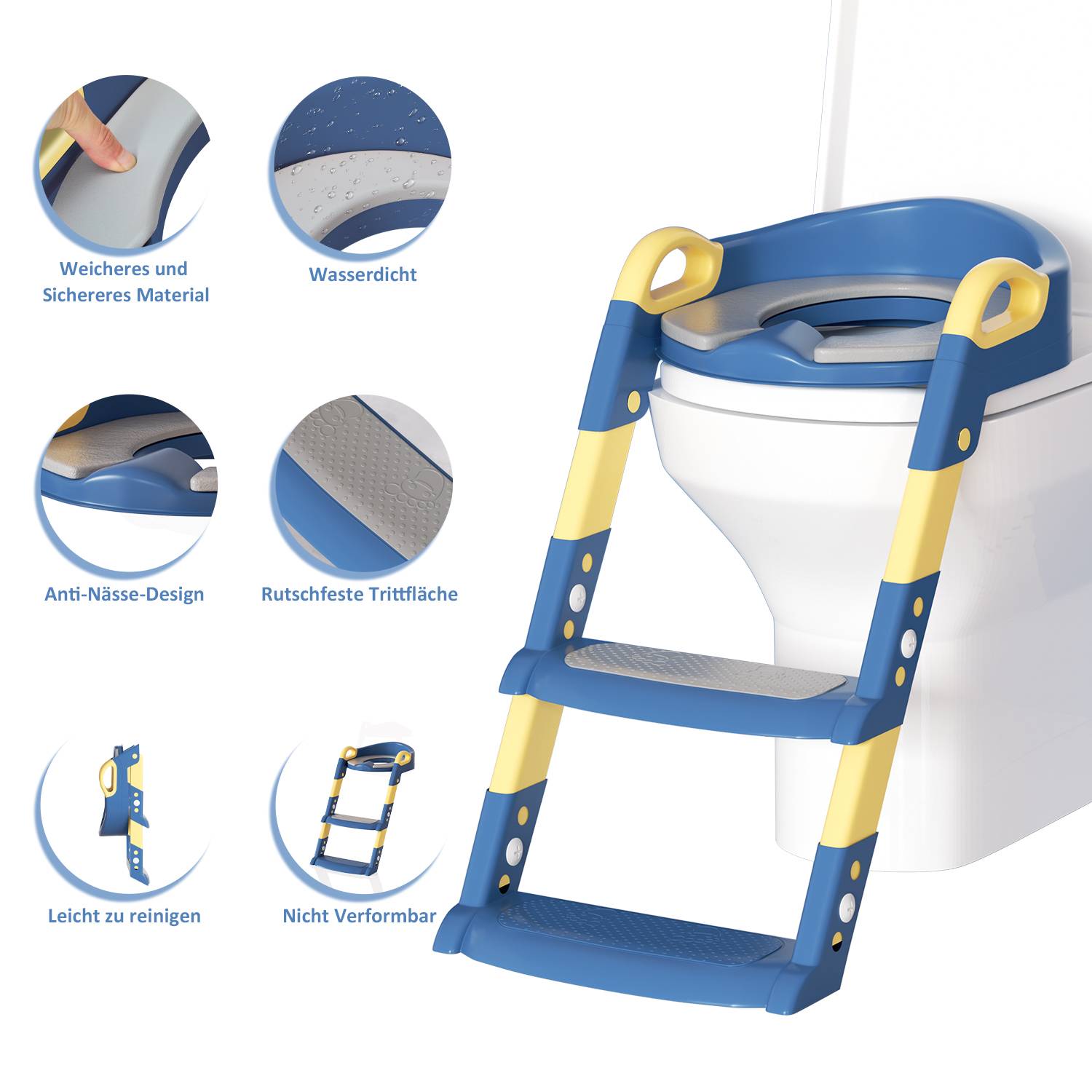 Höhenverstellbarer Toilettentrainer Toilettensitz mit Treppe Kinder-Töpfchen WC Sitz mit Spritzschutz und Griffen, klappbar Blau