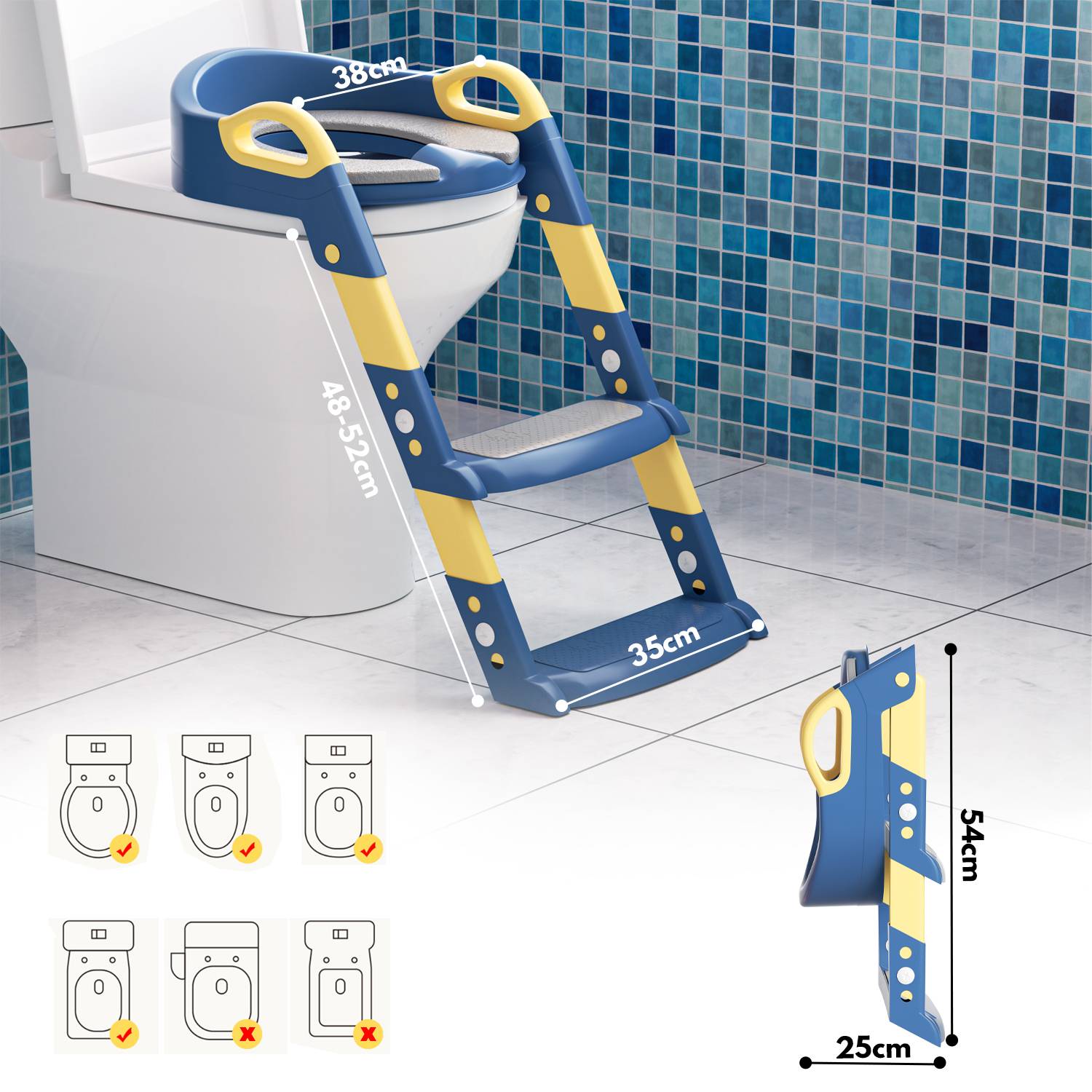 Höhenverstellbarer Toilettentrainer Toilettensitz mit Treppe Kinder-Töpfchen WC Sitz mit Spritzschutz und Griffen, klappbar Blau