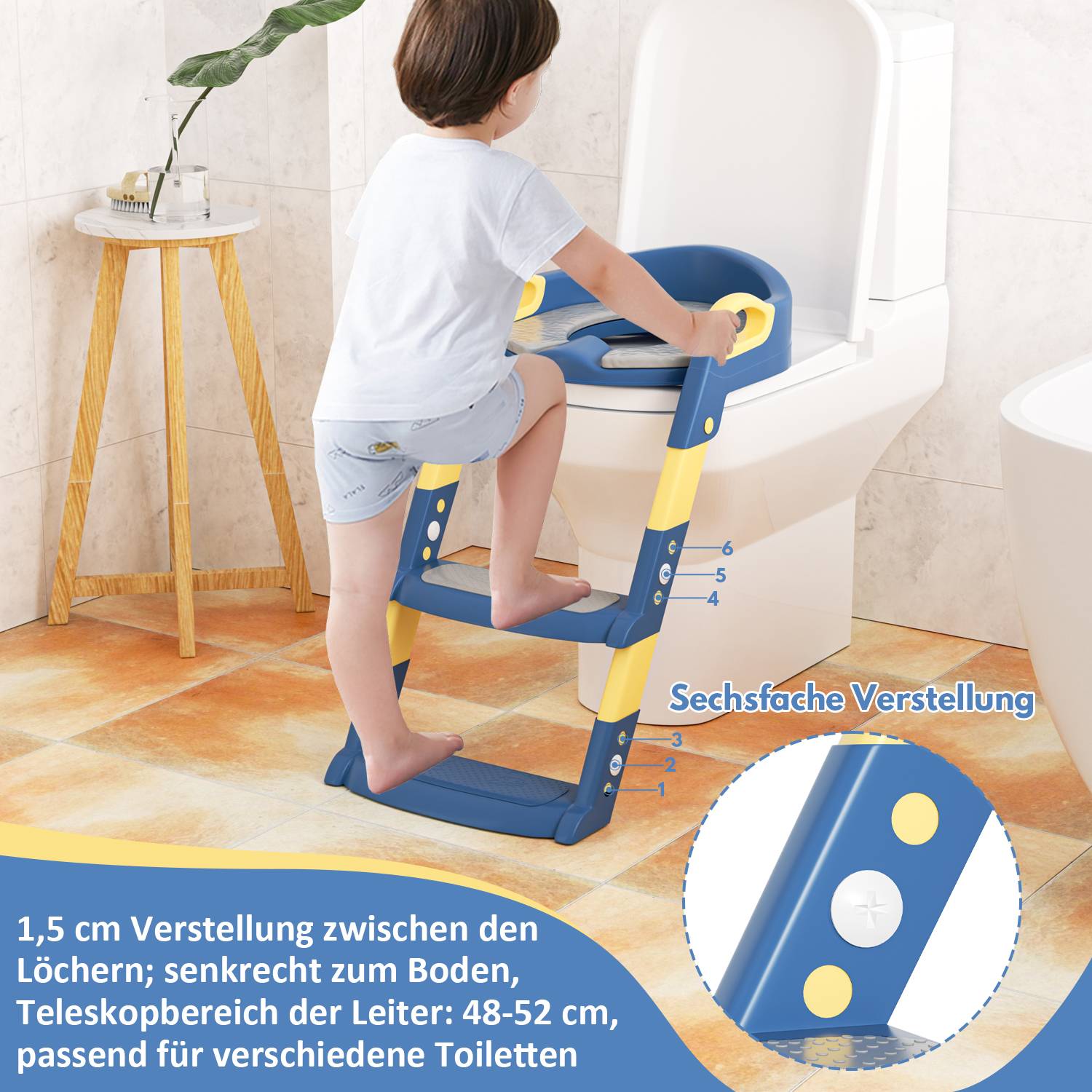 Höhenverstellbarer Toilettentrainer Toilettensitz mit Treppe Kinder-Töpfchen WC Sitz mit Spritzschutz und Griffen, klappbar Blau