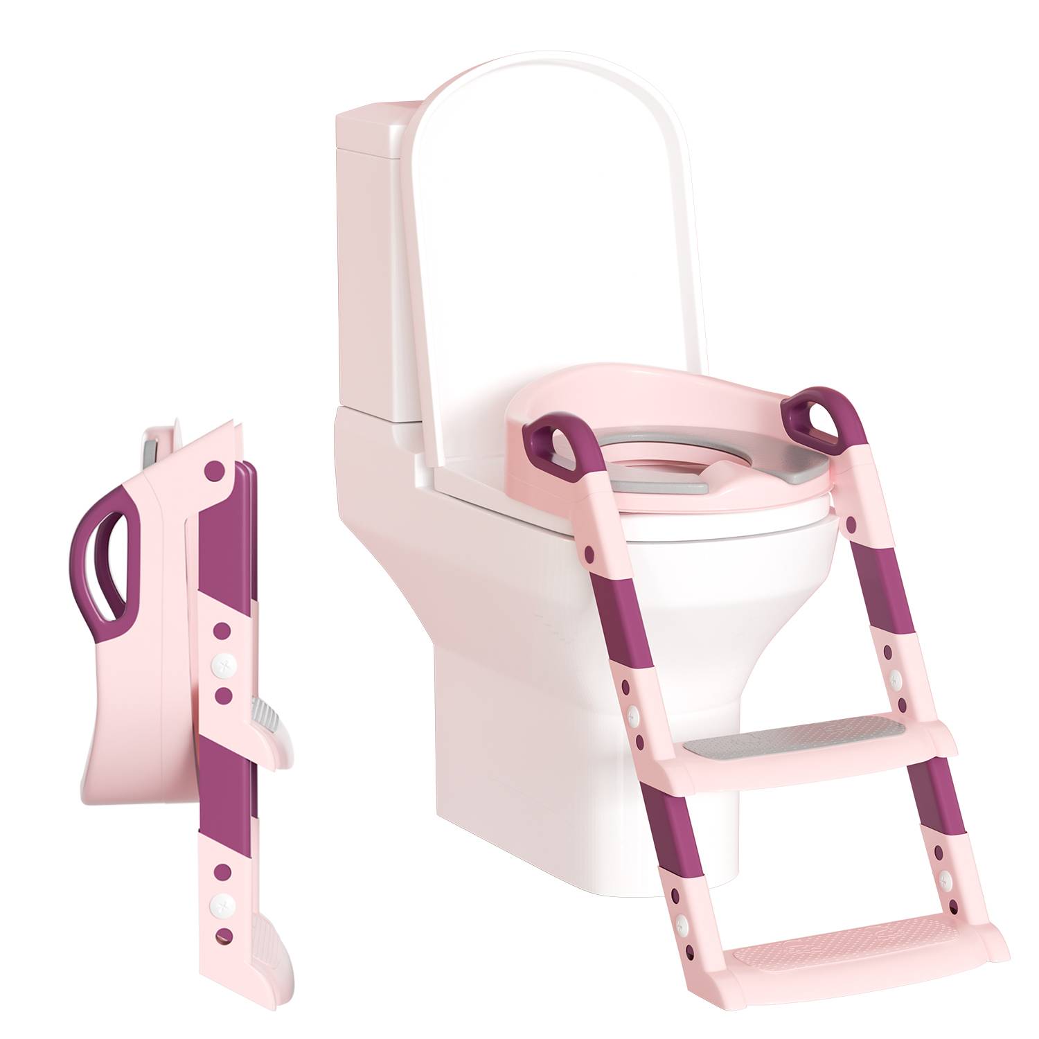 Höhenverstellbarer Toilettentrainer Toilettensitz mit Treppe Kinder-Töpfchen WC Sitz mit Spritzschutz und Griffen, klappbar Rosa