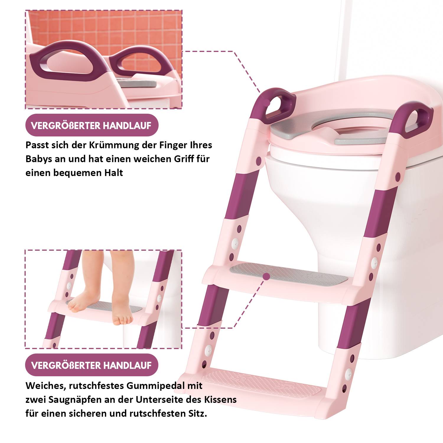 Höhenverstellbarer Toilettentrainer Toilettensitz mit Treppe Kinder-Töpfchen WC Sitz mit Spritzschutz und Griffen, klappbar Rosa