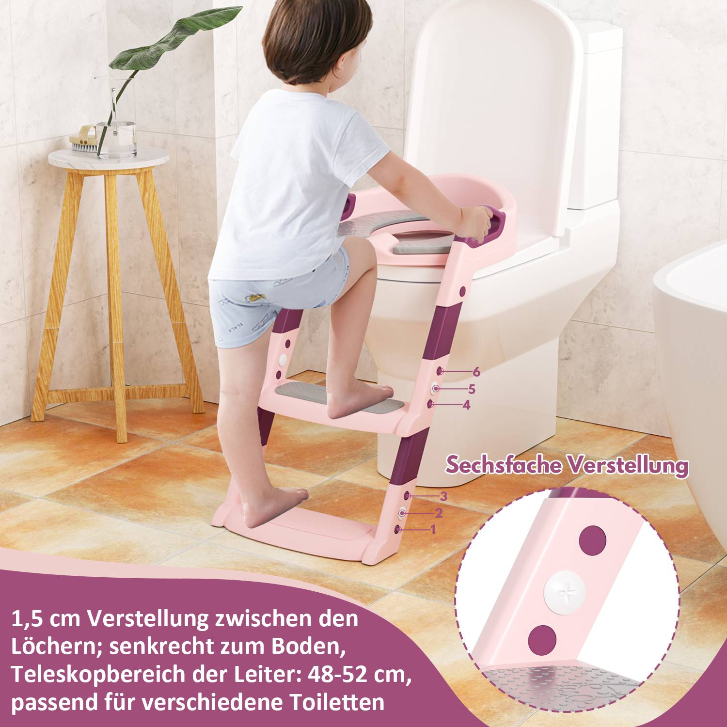 Höhenverstellbarer Toilettentrainer Toilettensitz mit Treppe Kinder-Töpfchen WC Sitz mit Spritzschutz und Griffen, klappbar Rosa