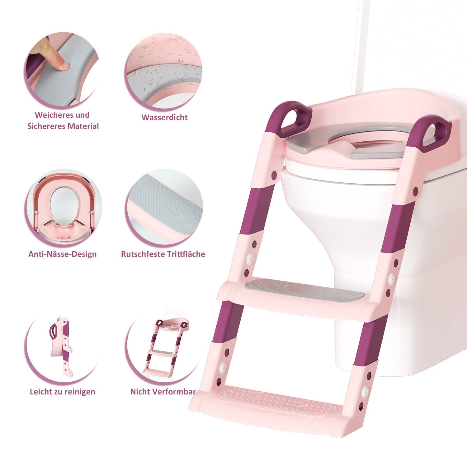 Höhenverstellbarer Toilettentrainer Toilettensitz mit Treppe Kinder-Töpfchen WC Sitz mit Spritzschutz und Griffen, klappbar Rosa