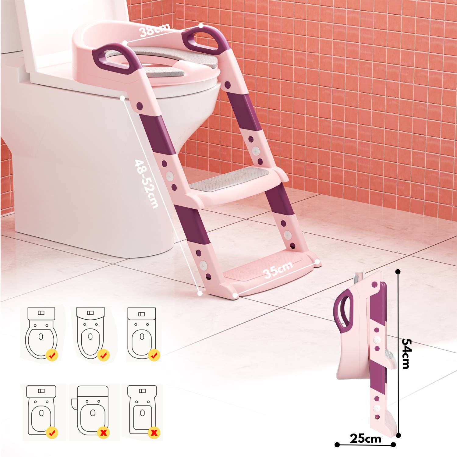 Höhenverstellbarer Toilettentrainer Toilettensitz mit Treppe Kinder-Töpfchen WC Sitz mit Spritzschutz und Griffen, klappbar Rosa