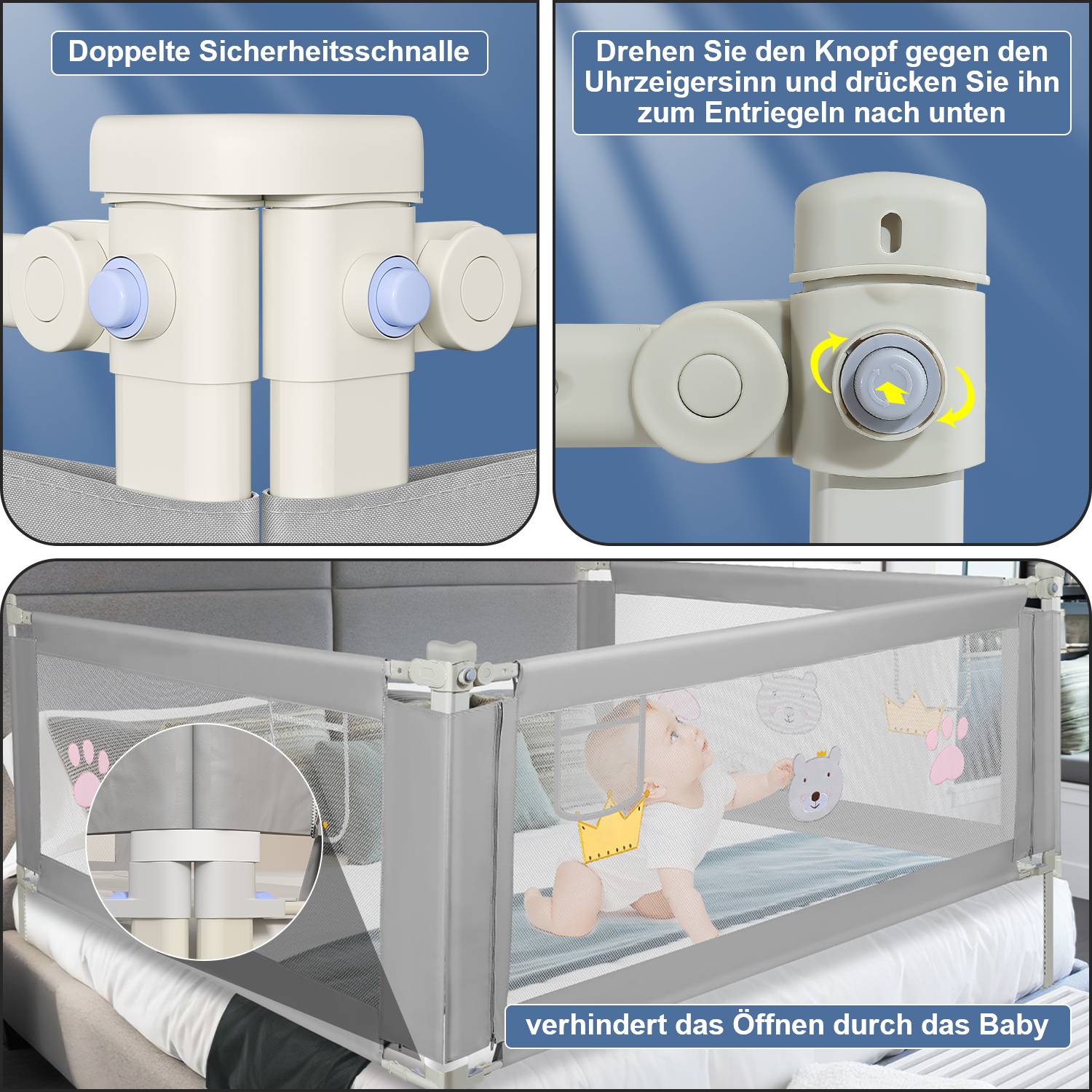 150cm Bettgitter Bettschutzgitter Kinderbettgitter Höhenverstellbar Babybettgitter Rausfallschutz Für Babys Und Kinder grau