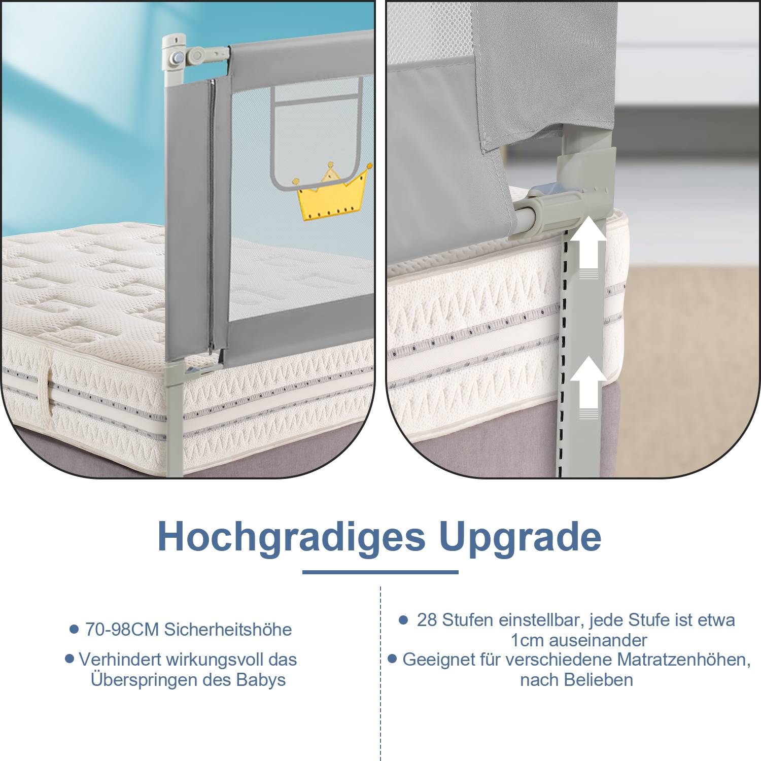 150cm Bettgitter Bettschutzgitter Kinderbettgitter Höhenverstellbar Babybettgitter Rausfallschutz Für Babys Und Kinder grau