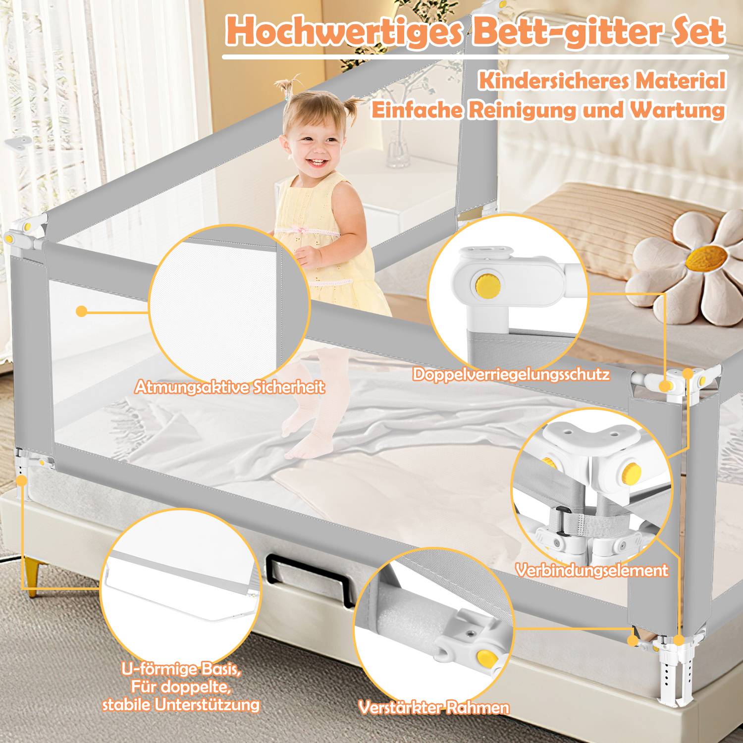 150cm Kinder Bettgitter Bettschutzgitter Kinderbettgitter Babybettgitter Höhenverstellbar Rausfallschutz für Familienbett und Kinderbett