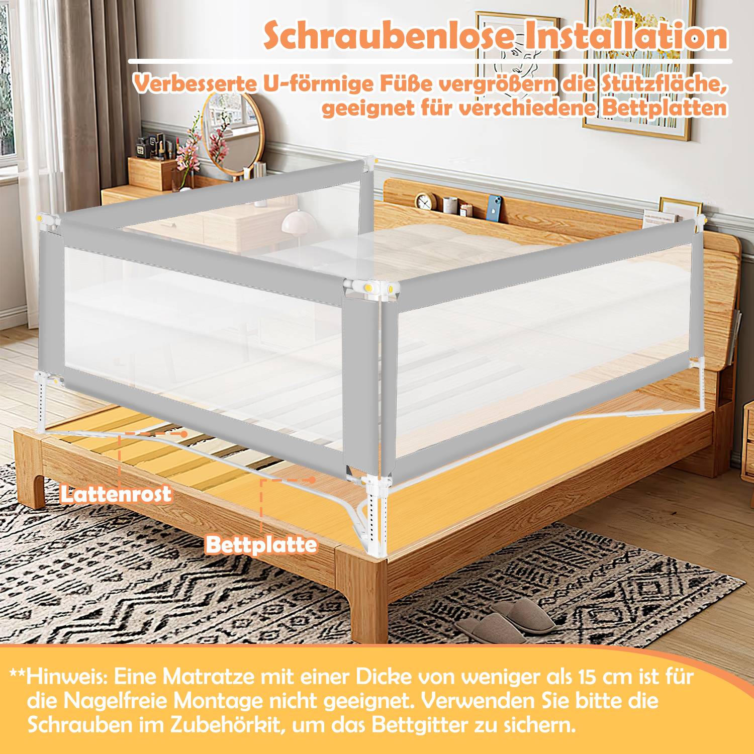 150cm Kinder Bettgitter Bettschutzgitter Kinderbettgitter Babybettgitter Höhenverstellbar Rausfallschutz für Familienbett und Kinderbett