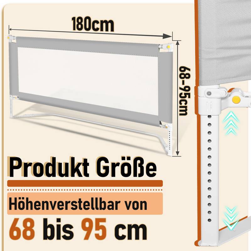 180cm Kinder Bettgitter Bettschutzgitter Kinderbettgitter Babybettgitter Höhenverstellbar Rausfallschutz für Familienbett und Kinderbett