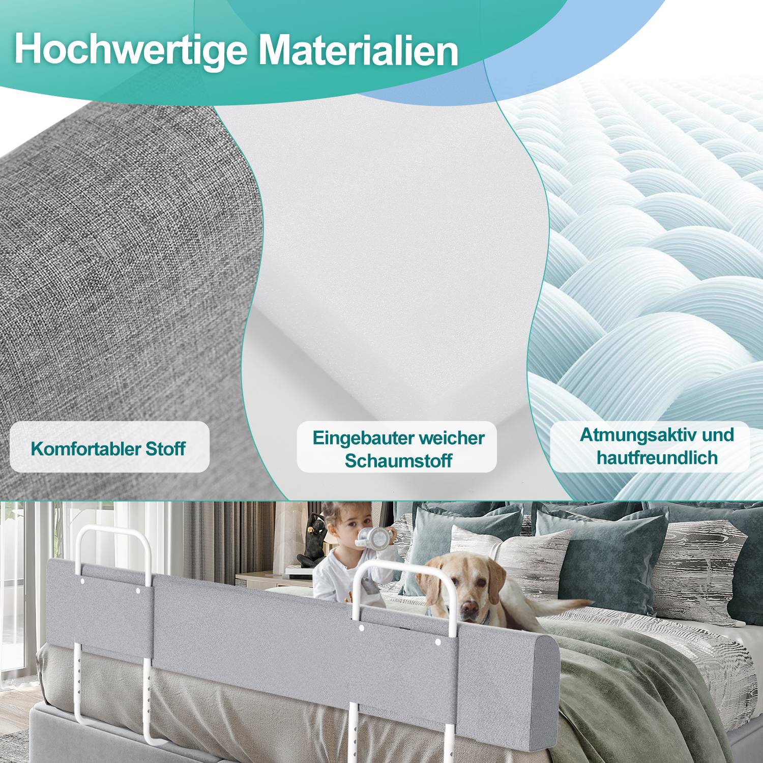 200cm Bettgitter Bettschutzgitter Kinderbettgitter für Kinder Höhenverstellbar Rausfallschutz Babybettgitter für Familienbett und Kinderbett Leinen