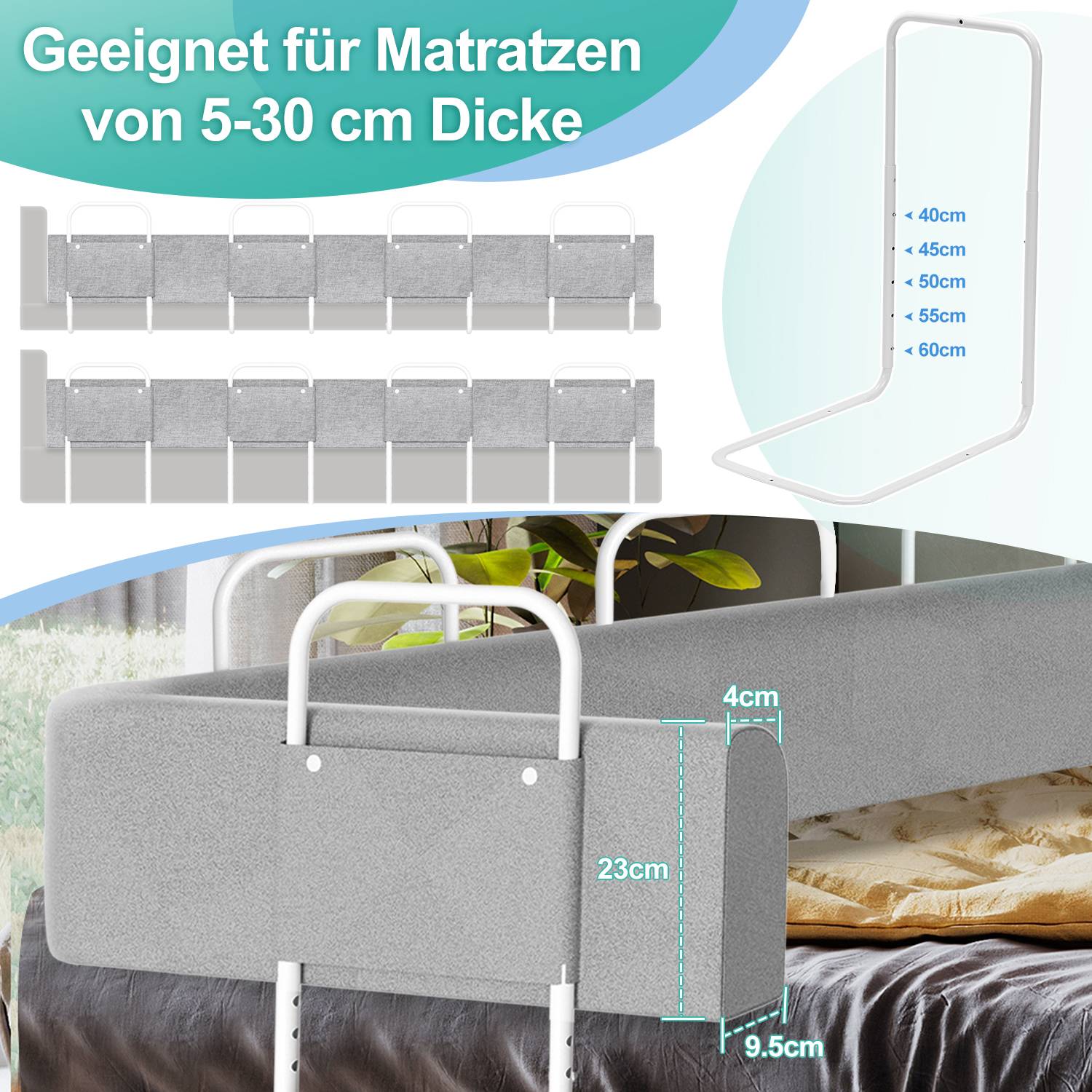 200cm Bettgitter Bettschutzgitter Kinderbettgitter für Kinder Höhenverstellbar Rausfallschutz Babybettgitter für Familienbett und Kinderbett Leinen