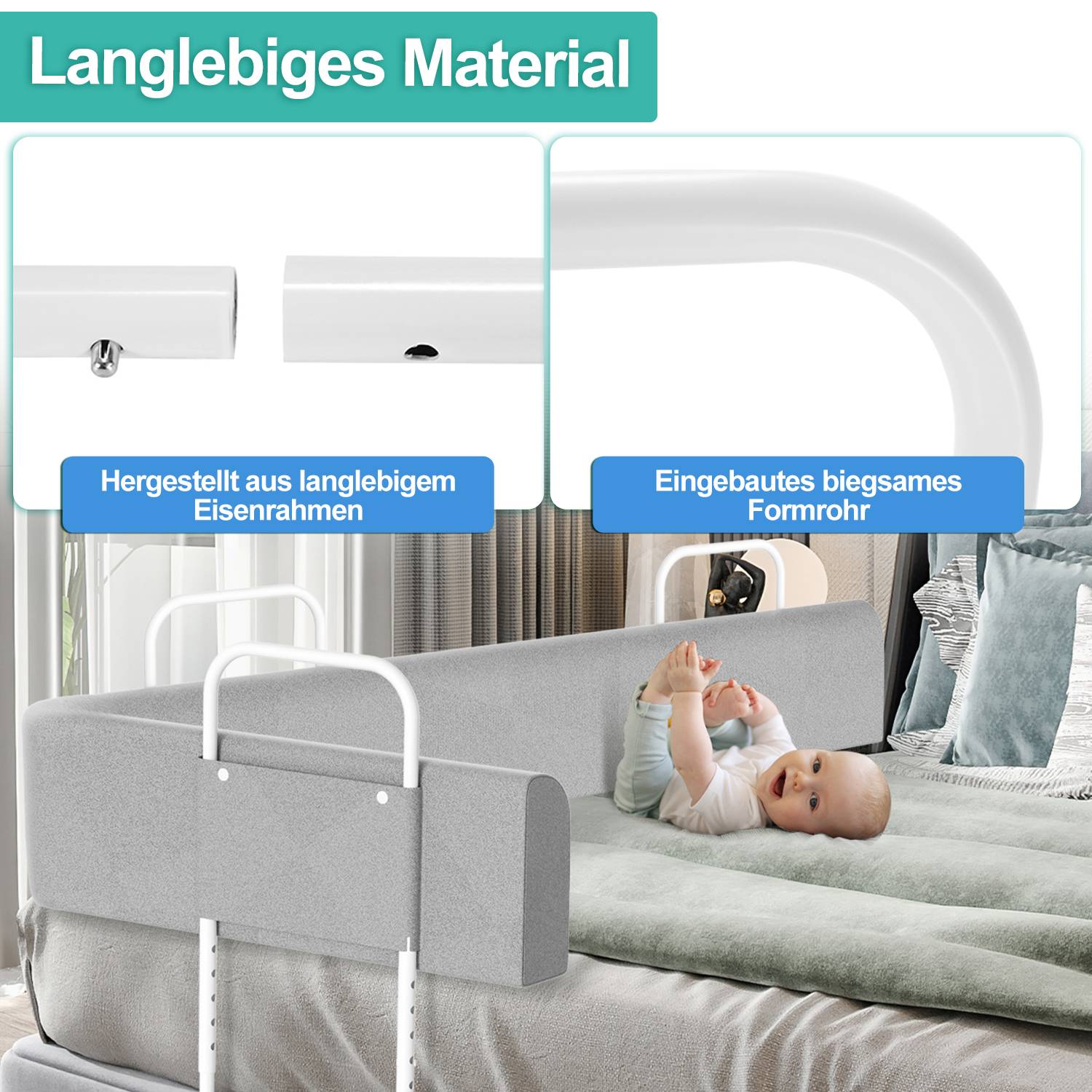 200cm Bettgitter Bettschutzgitter Kinderbettgitter für Kinder Höhenverstellbar 5-Loch Rausfallschutz Babybettgitter für Familienbett und Kinderbett