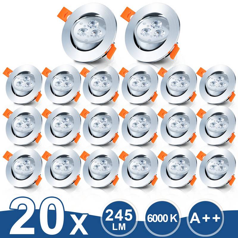 20x 3W LED Einbaustrahler 245lm Kaltweiß Spot Deckenstrahler Schwenkbar Einbauspot Einbauleuchte Deckeneinbauleuchte