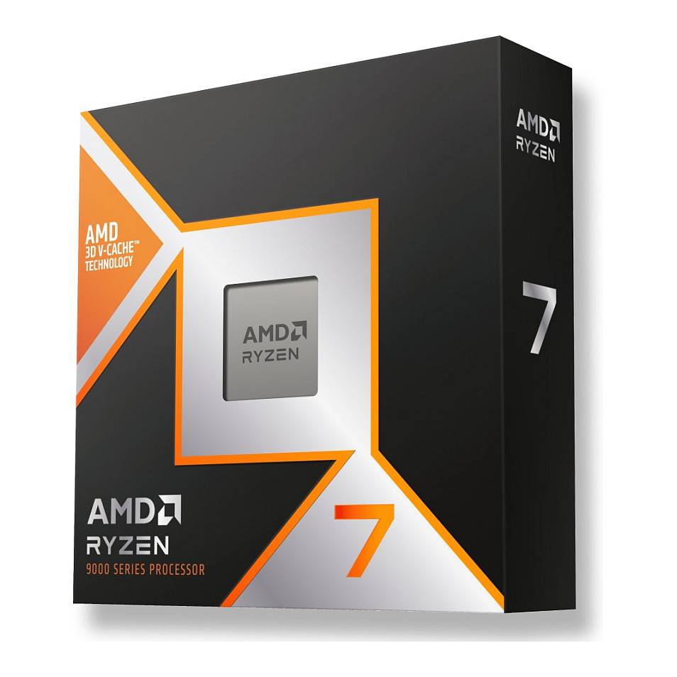 AMD Ryzen 7 3D V-Cache Prozessor-Verpackung mit fettgedrucktem orange- und silbernem Design, charakteristisch für hochleistungs-Technologie.