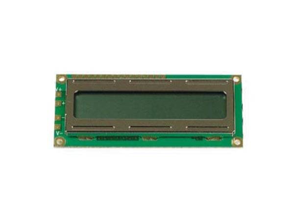 Kleines rechteckiges grünes LCD-Modul mit einem leeren Anzeigefeld und Befestigungslöchern in den Ecken.