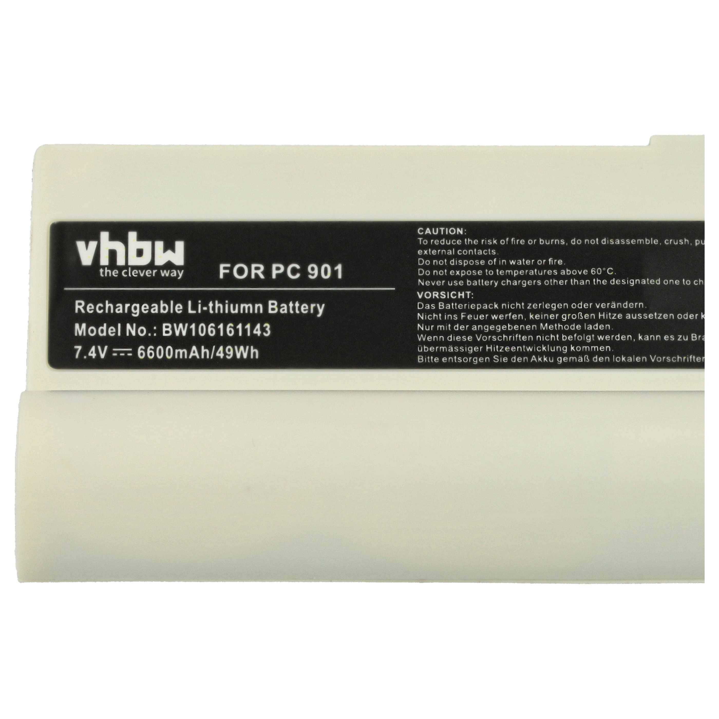 vhbw Wiederaufladbare Lithiumbatterie für PC 901. Modellnummer: BW106161143. 7,4V, 6600mAh, 49Wh. Vorsicht: Von Wasser/Feuer fernhalten.