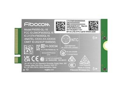 Fibocom FM350-GL-16 Modul, gekennzeichnet mit verschiedenen Zertifizierungen und Identifikatoren, einschließlich FCC- und ANATEL-Codes, auf einer Leiterplatte.