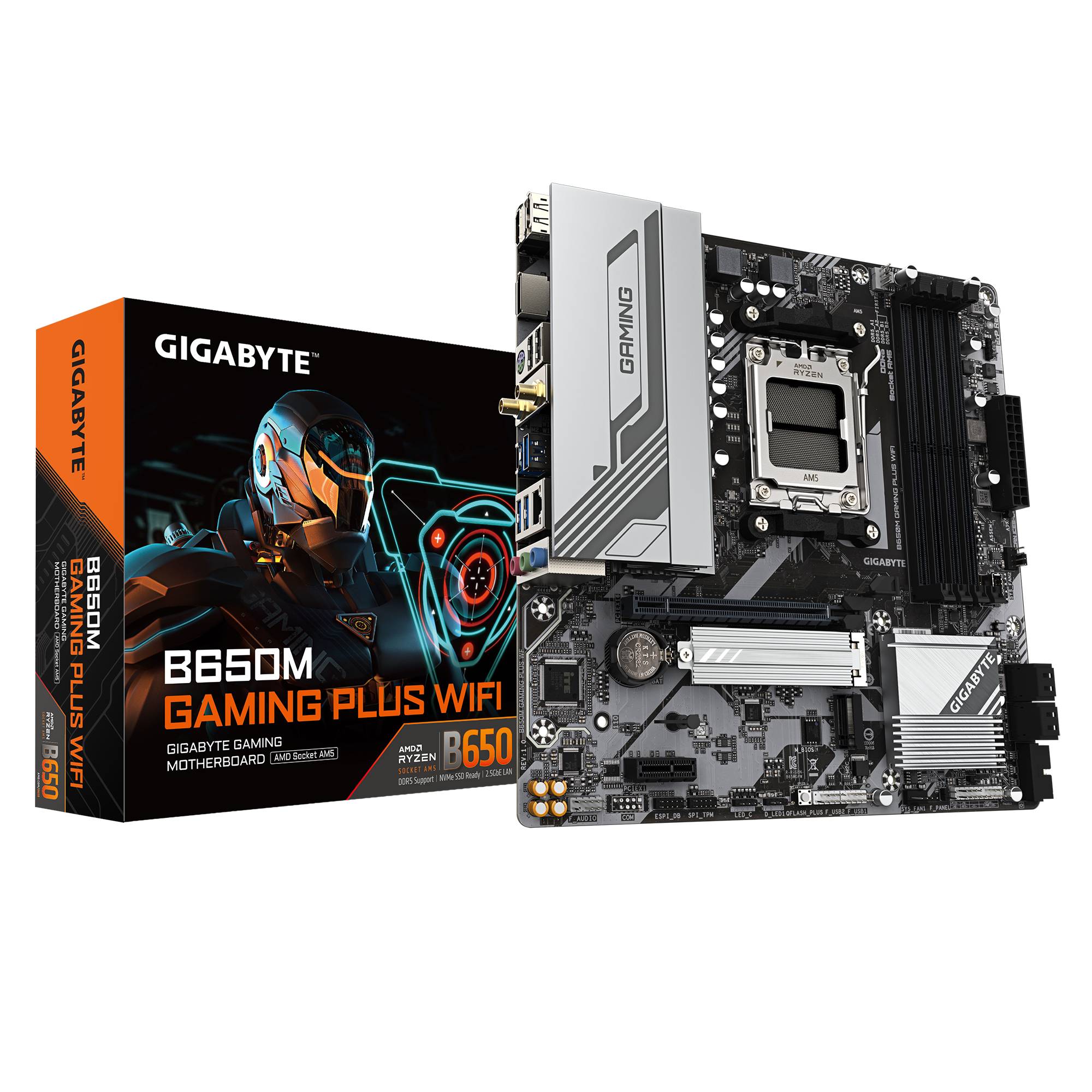 Gigabyte B650M Gaming Plus WiFi-Mainboard mit Produktbox, ausgestattet mit AMD Ryzen 7000/AM5 und M.2-Steckplätzen.