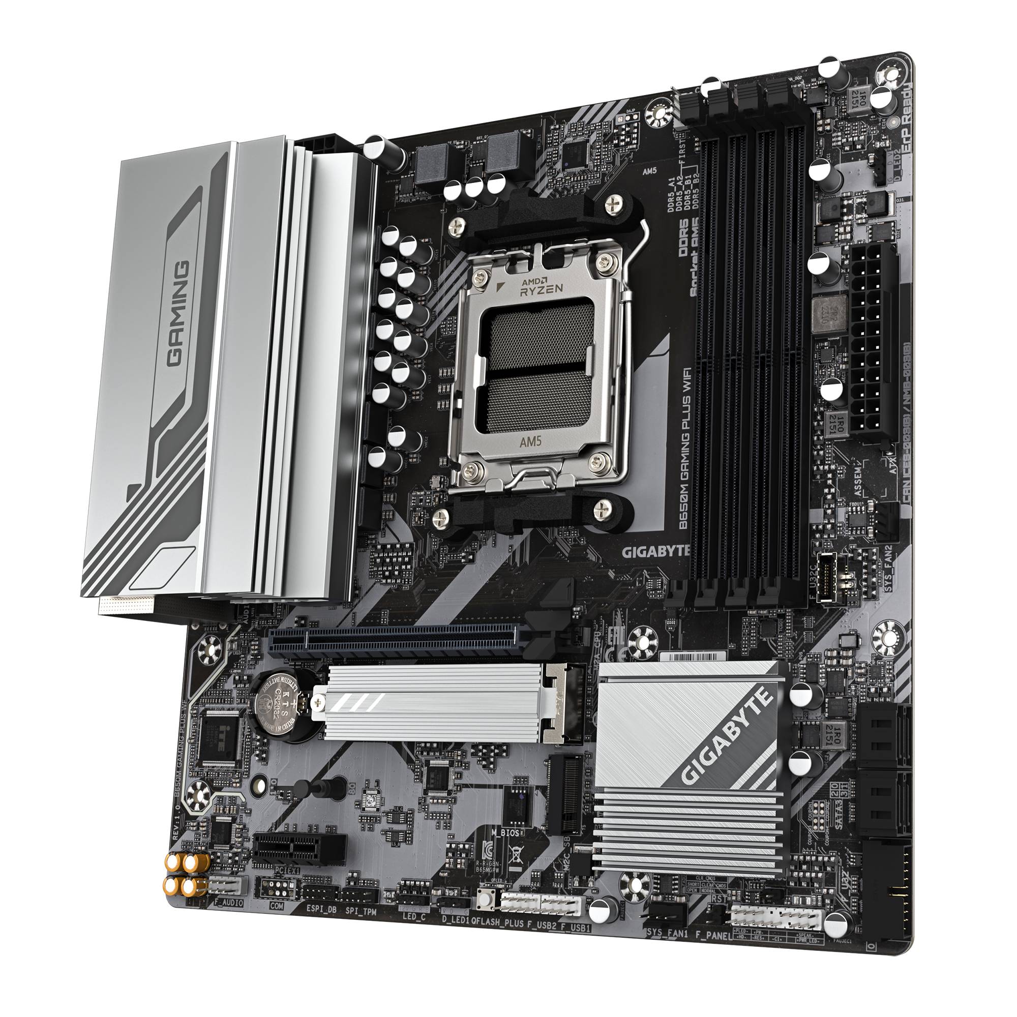 Gigabyte-Gaming-Motherboard mit AMD-Ryzen-CPU-Sockel, RAM-Steckplätzen, PCIe-Steckplätzen und silbernen Kühlkörpern auf schwarzer Leiterplatte.