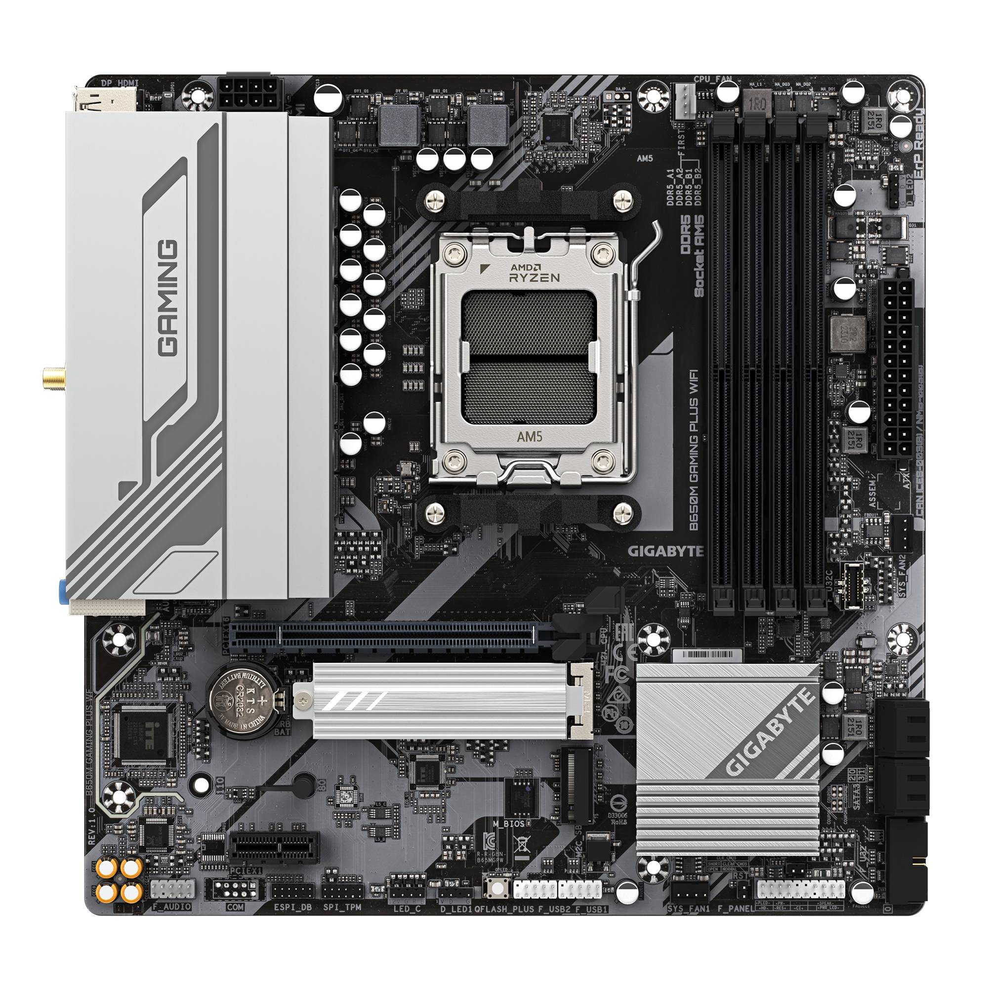 Gigabyte-Gaming-Motherboard mit AMD Ryzen CPU-Sockel, vier RAM-Steckplätze, große silberne Kühlkörper und PCIe-Erweiterungssteckplätze.