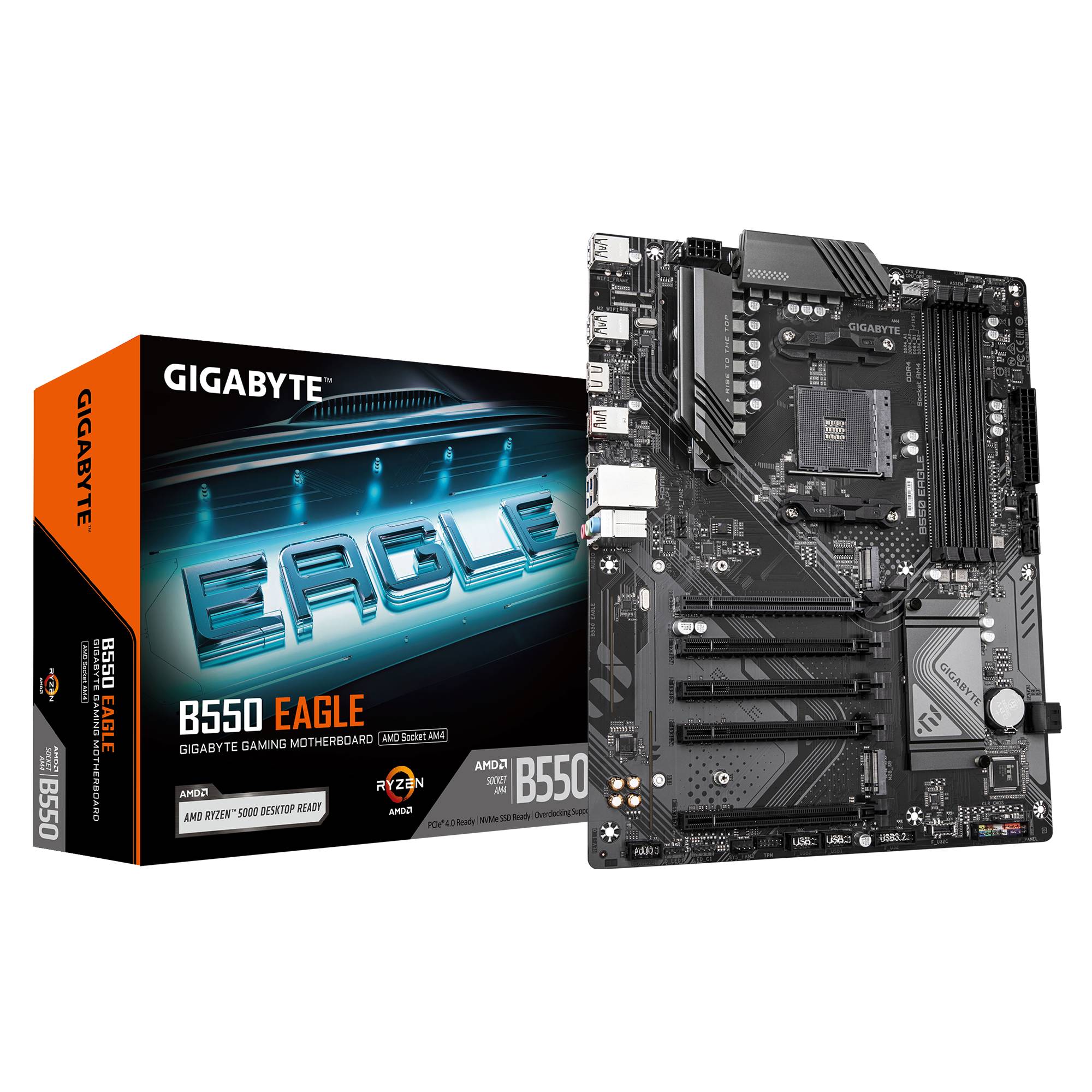 Gigabyte B550 Eagle Gaming-Motherboard, gezeigt mit seiner Einzelhandelsverpackung, mit Unterstützung für AMD Ryzen und AM4.