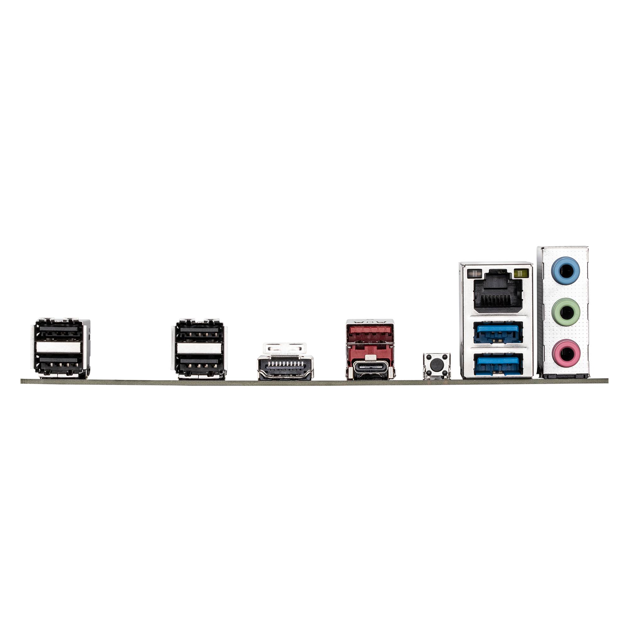 Rückseite des I/O-Bereichs eines Motherboards mit mehreren Anschlüssen: USB, HDMI/DisplayPort, Ethernet, Audio-Buchsen und weitere Stecker auf schwarzem Hintergrund.