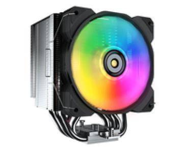 Ein Computer-CPU-Kühler mit einem kreisförmigen RGB-Lüfter, der verschiedene Farben abstrahlt, montiert auf einem Kühlkörper mit mehreren nach unten ragenden Heatpipes.