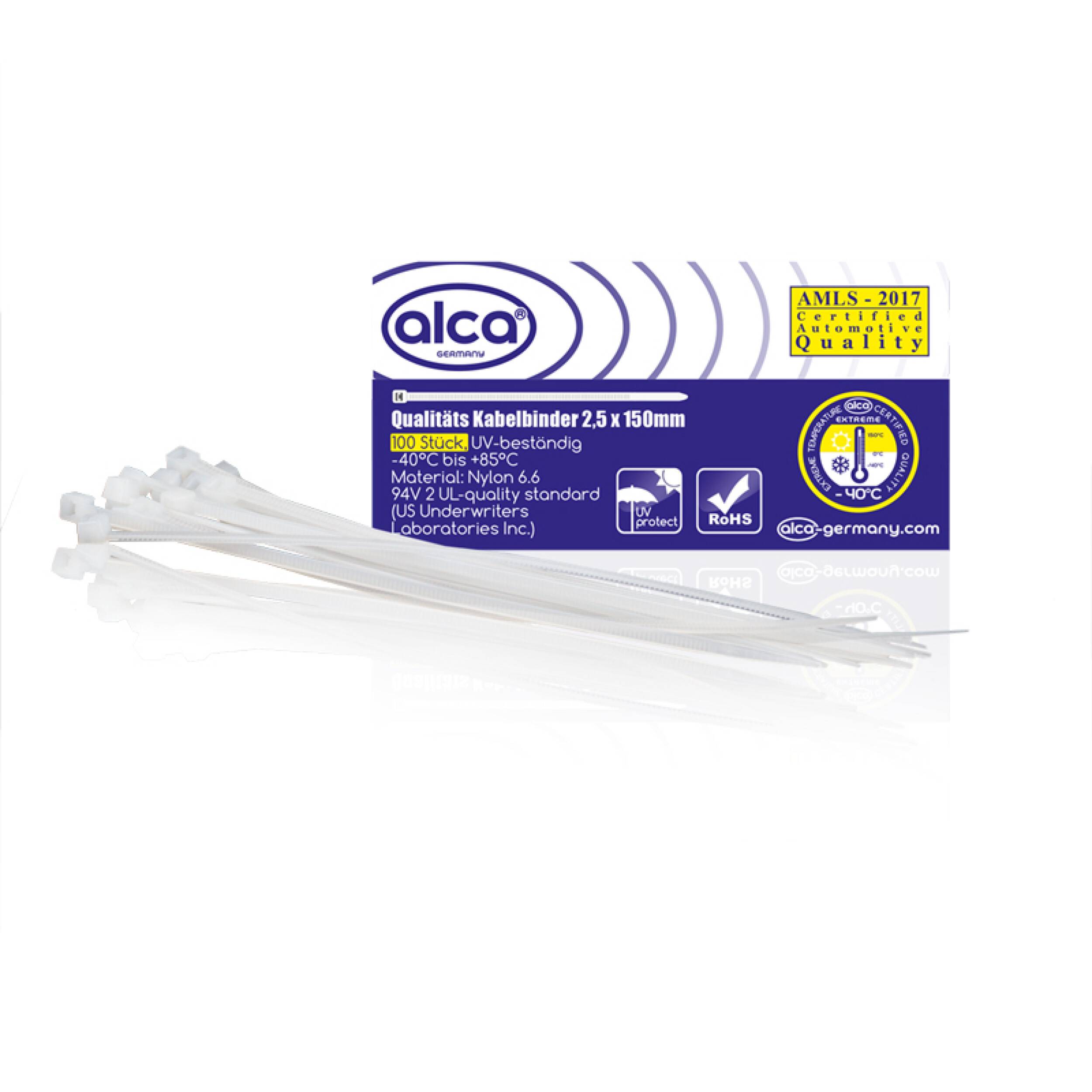 alca® Kabelbinder 2,5*150mm 100 St. weiß 8 kg Zugfestigkeit UV-beständig für Innen- und Außen Kabelbefestigung Nylon