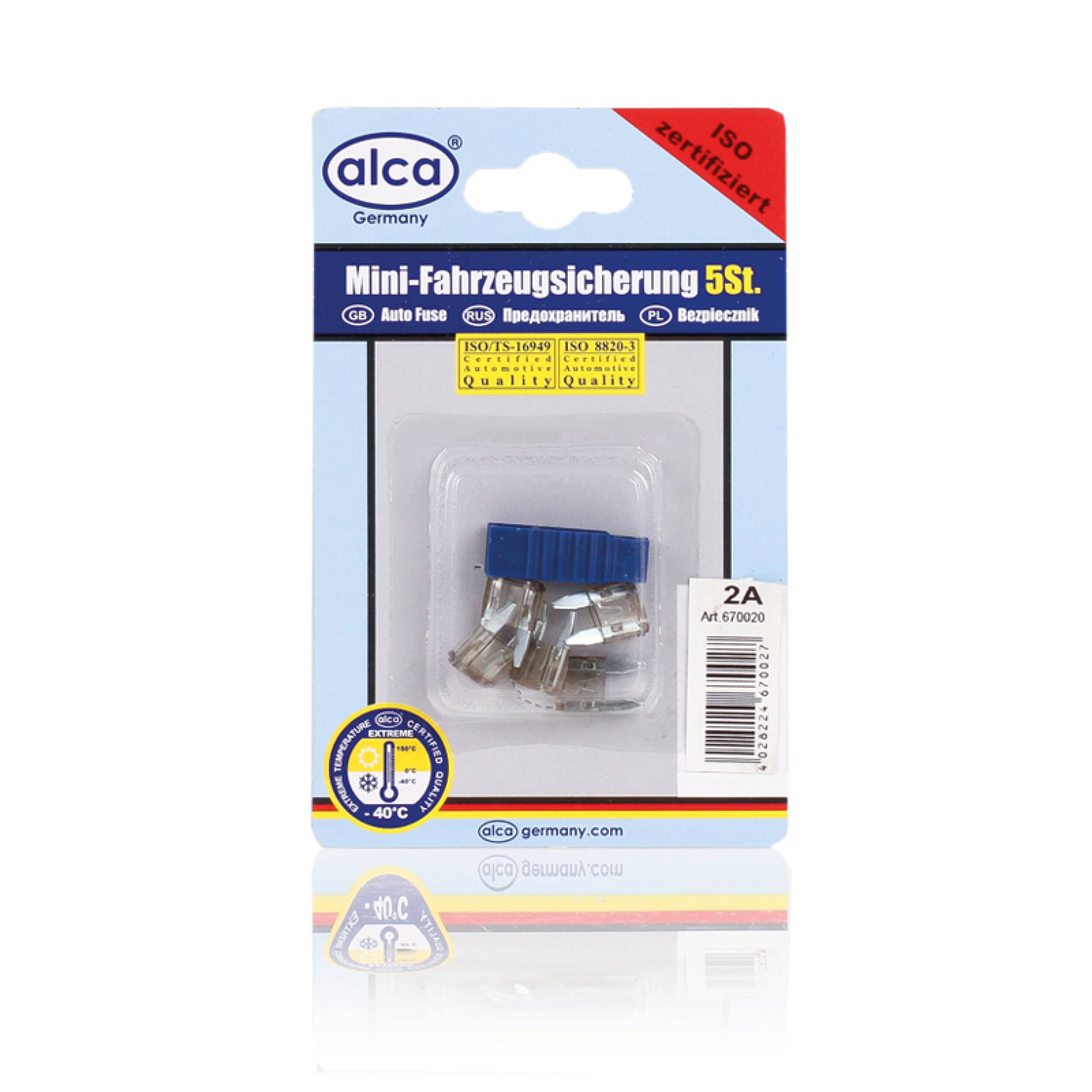 alca® Mini-Sicherungen 2 A 5St. Blister 32 V grau Mini Flachsicherung Stecksicherung für Fahrzeuge Auto Motorrad