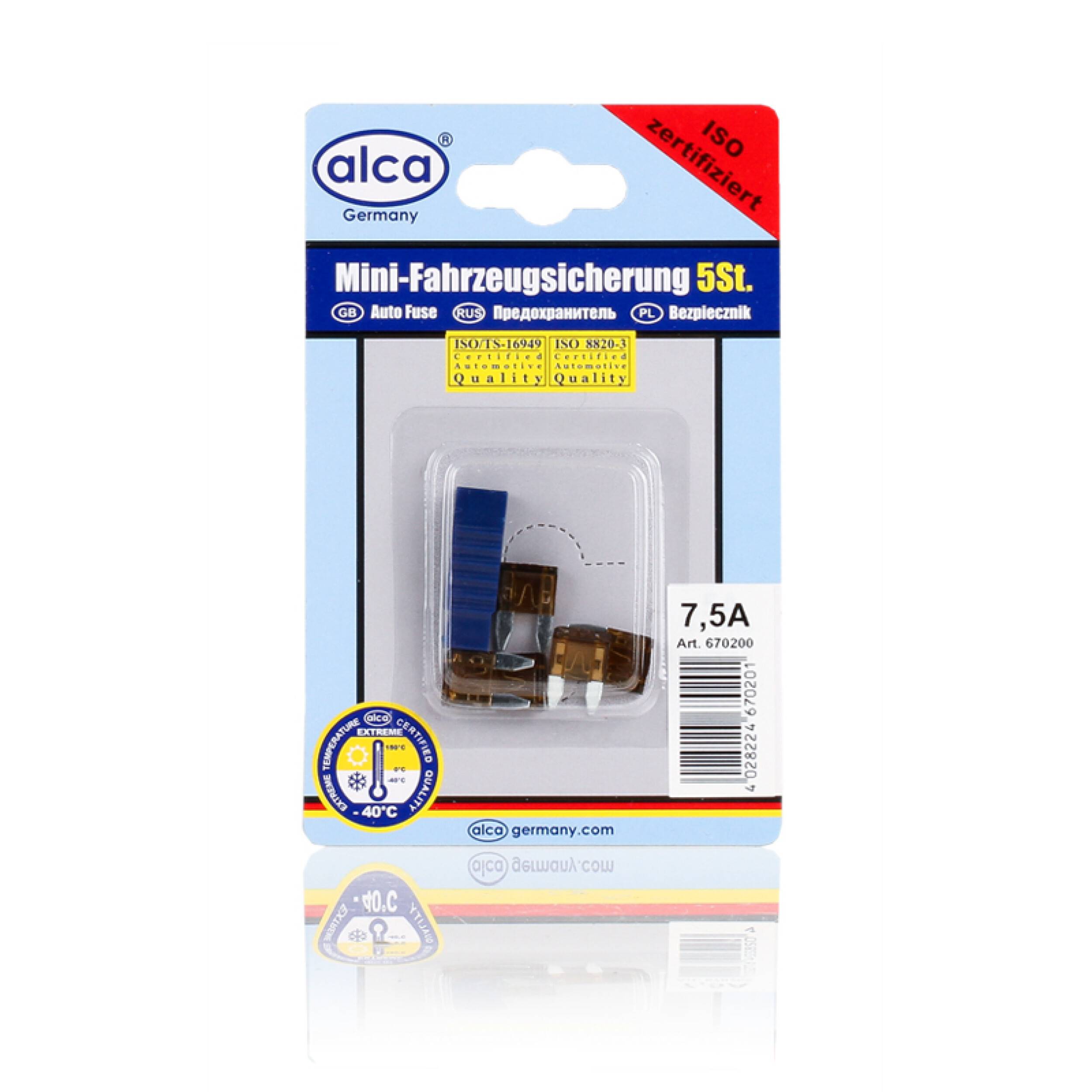 alca® Mini-Sicherungen 7,5 A 5St. Blister 32 V braun Mini Flachsicherung Stecksicherung für Fahrzeuge Auto Motorrad
